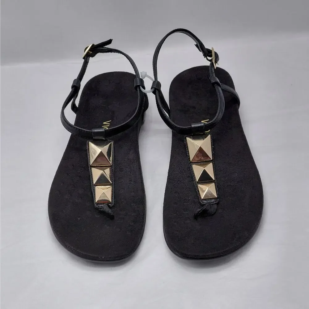Vionic Womens Thong Sandals Size 9 Black Gold Studded T Strap Comfort Shoes